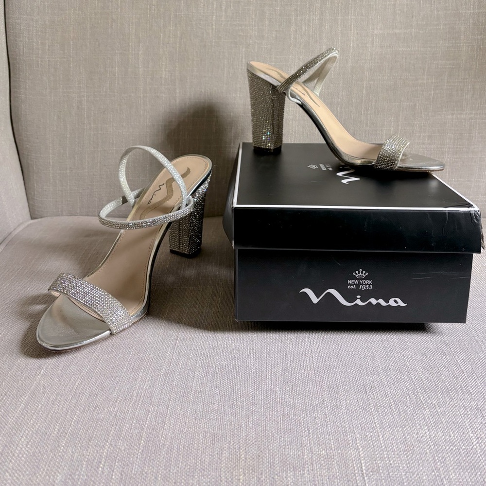 NINA Sanchia Silver Rhinestone Heels